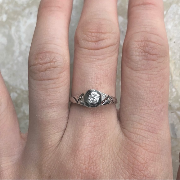 18k White Gold Filigree Diamond Ring Art Deco - Picture 6 of 10